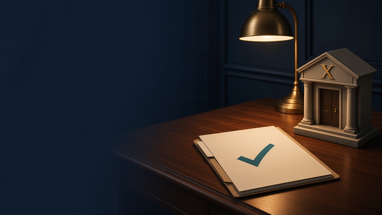 Dark navy desk with an appraisal folder marked complete and a small bank facade marked declined