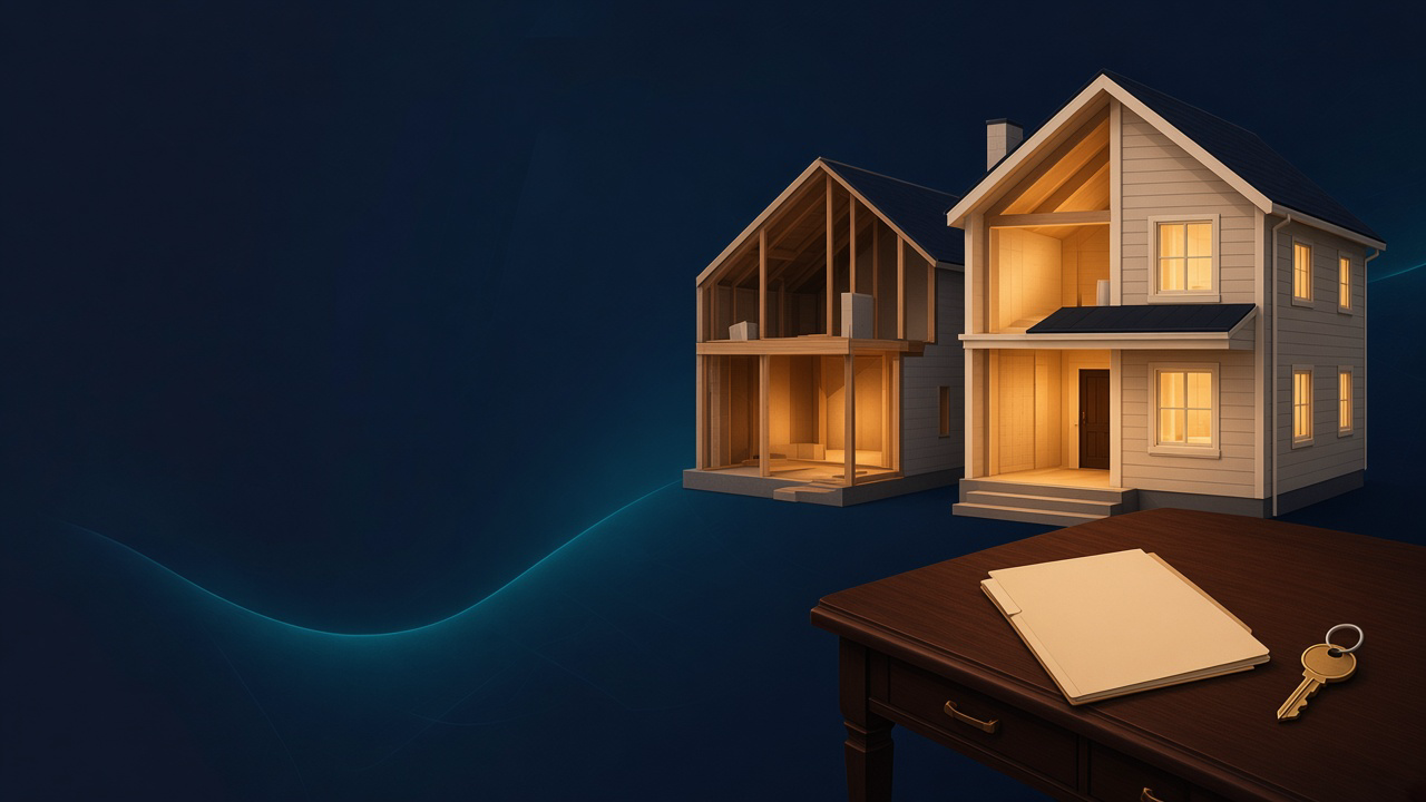Navy illustration of an unfinished house beside a renovated house, with as-is and after-repair folders on a desk
