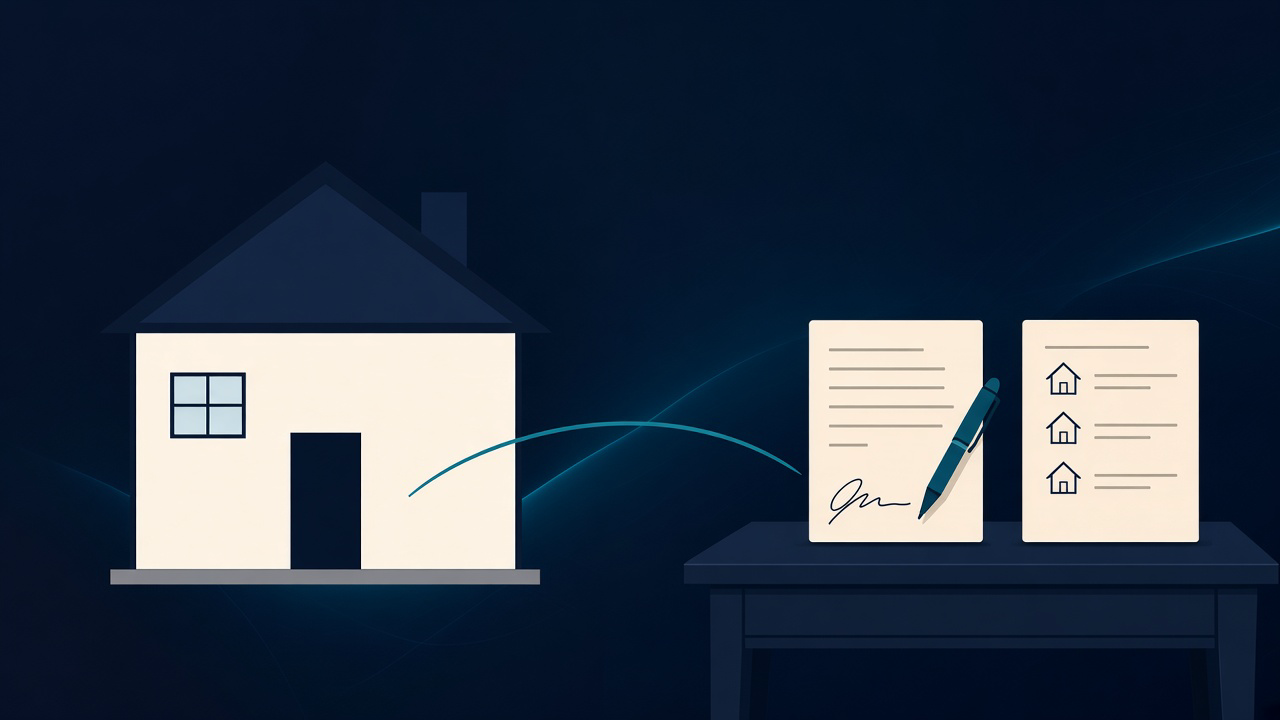 Navy illustration of a vacant rental beside a signed lease and an appraisal rent schedule on a desk