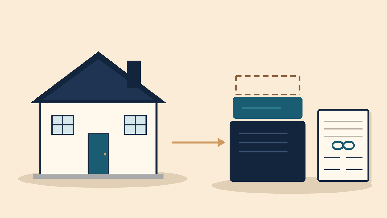 Flat illustration of a house beside a capital stack — a large navy first-lien block, a smaller teal GAP block above it, a dashed empty slot on top — and a two-signature agreement with a link icon