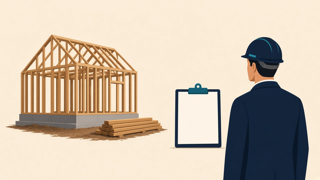 Navy illustration of a wood-framed house on a foundation, a blank draw clipboard, and an inspector in a hard hat reviewing the build