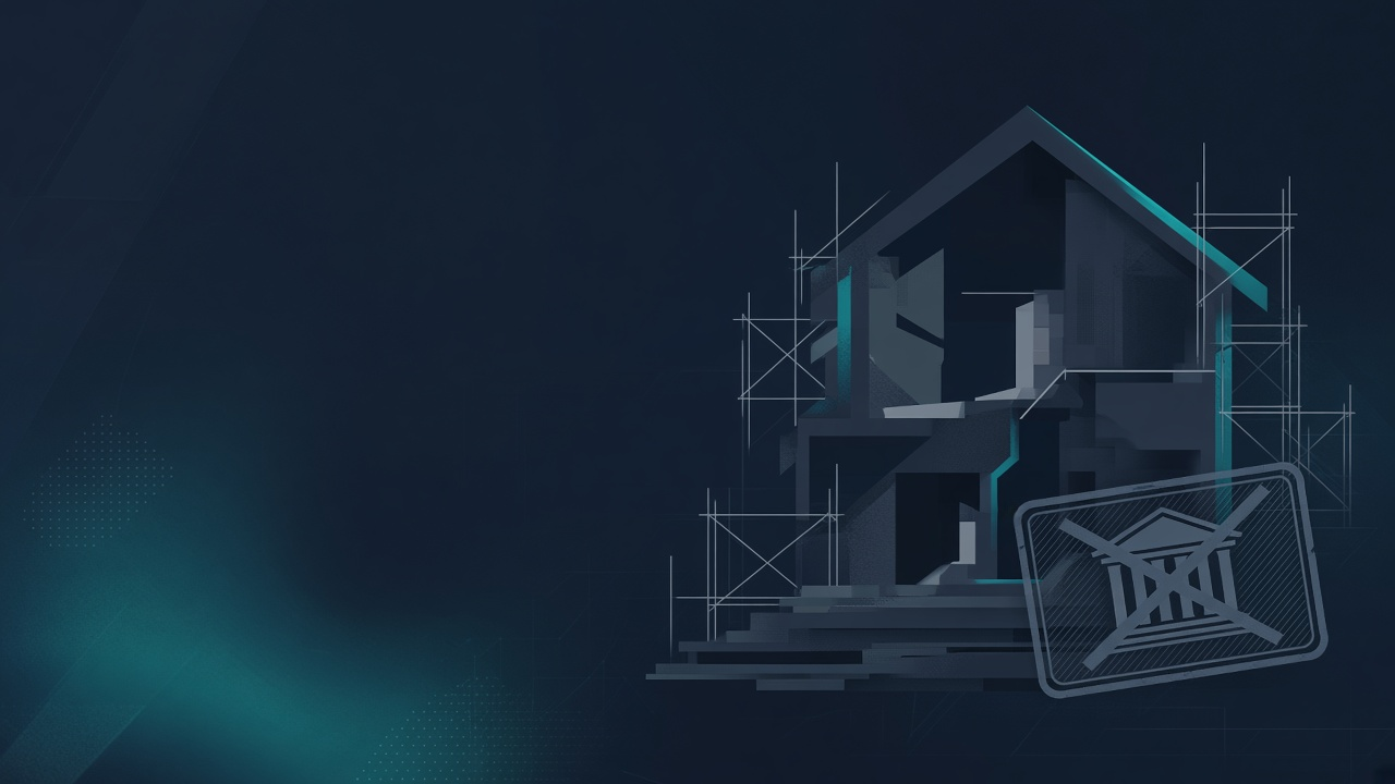 Dark navy illustration of a house mid-rehab under scaffolding, with a crossed-out bank icon