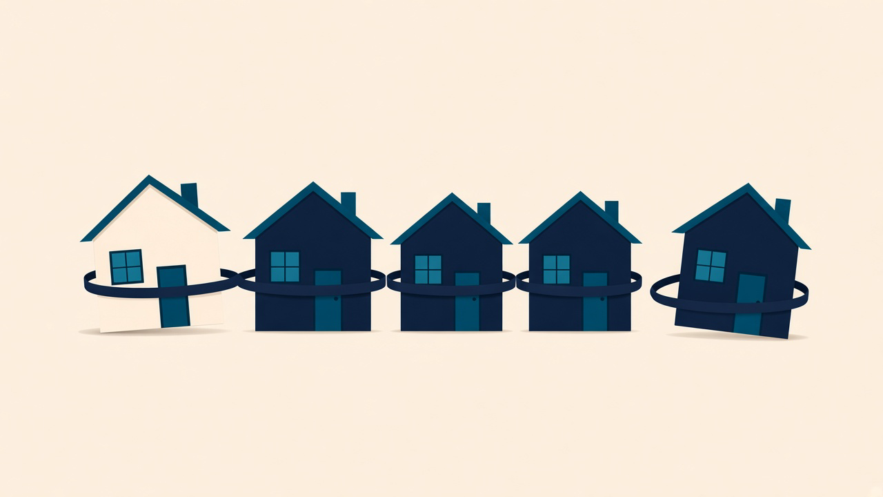Navy illustration of several houses bound by one loan ribbon, with one house set slightly apart