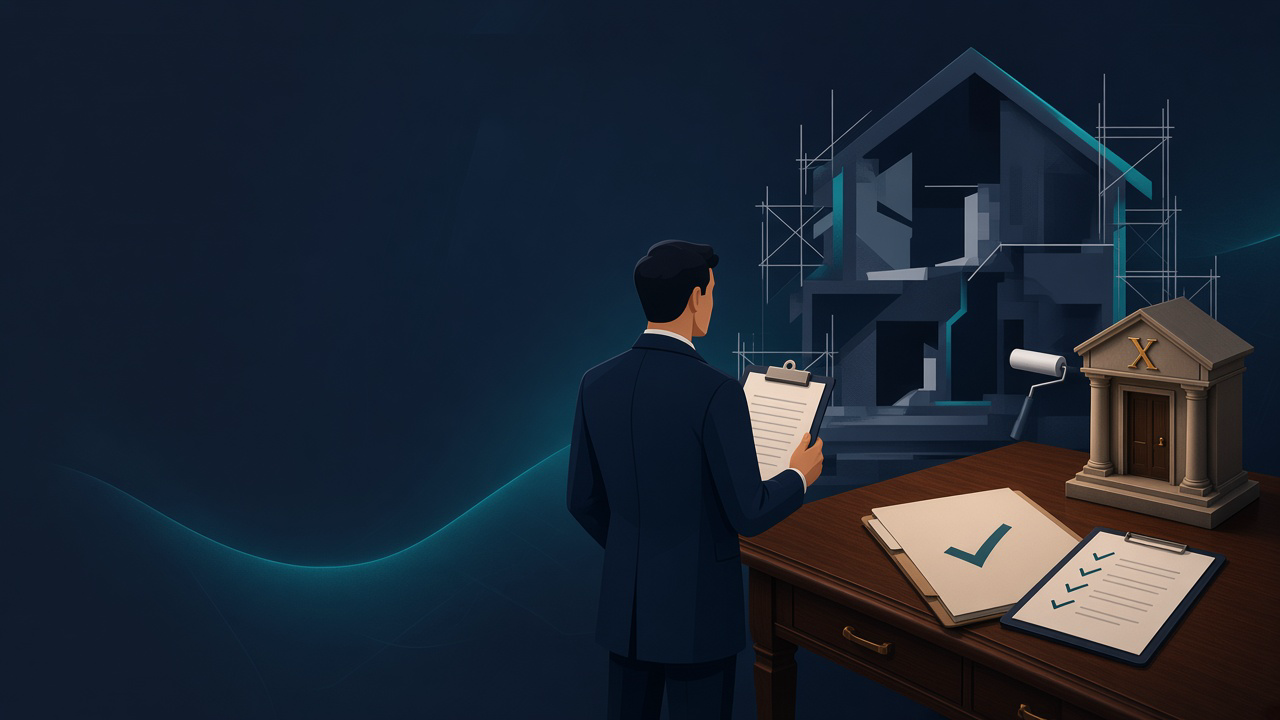 Navy illustration of a house in rehab, a draw schedule clipboard, and an inspector reviewing the work
