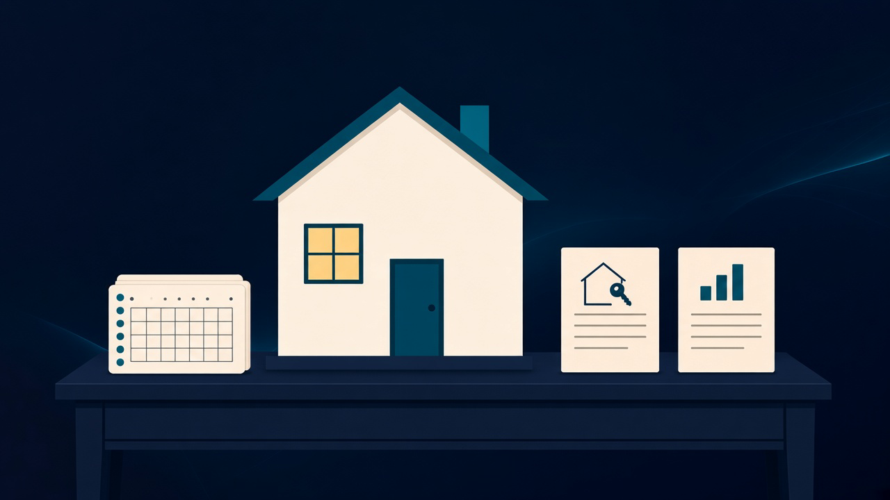 Navy illustration of a furnished vacation cottage between a nightly booking card and a long-term rent document