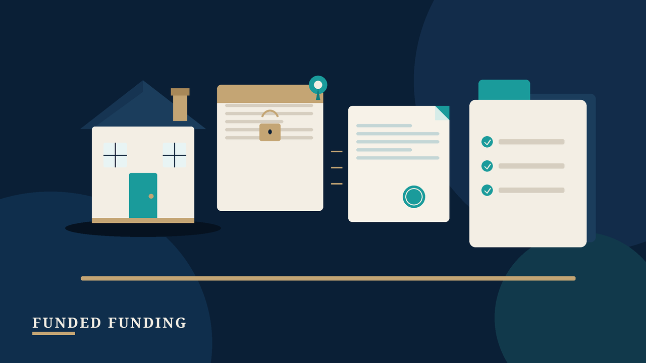 Navy illustration of a house, a loan document that stays in place, and a deed moving into an LLC folder